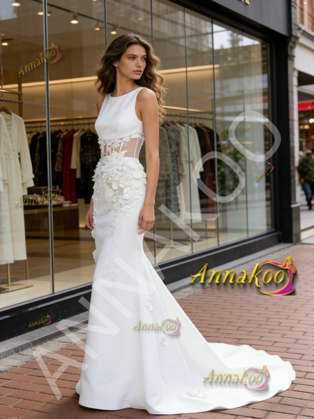 Shop 2026 ANNAKOO Scoop Trumpet Mermaid Satin Sheer Flower Wedding Dress Under 289
