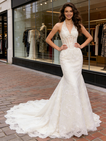 Shop 2026 ANNAKOO Halter Trumpet Mermaid Lace Sweep Train Wedding Dress Under 239