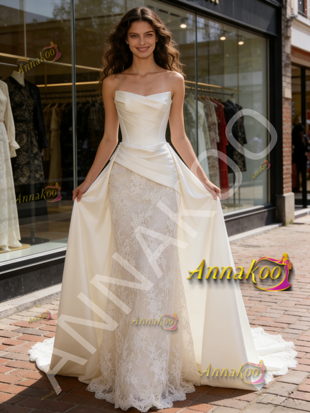 Shop 2026 ANNAKOO Satin Strapless Lace Trumpet Mermaid Ivory Wedding Dress Under 229