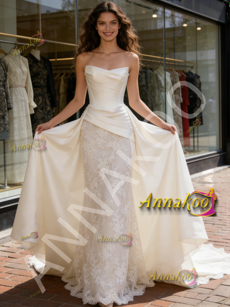 Shop 2026 ANNAKOO Satin Strapless Lace Trumpet Mermaid Ivory Wedding Dress Under 229