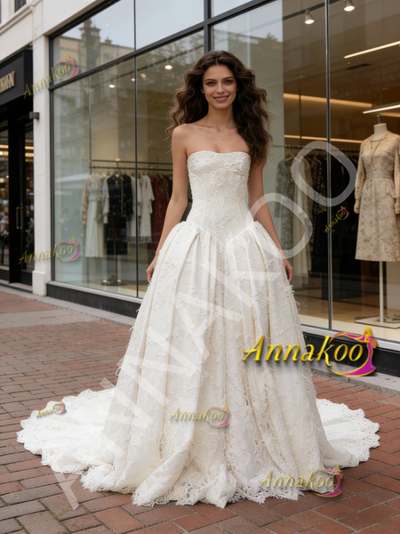 Strapless Satin A Line Lace Sleeveless Wedding Dress