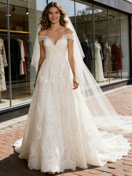 Shop 2026 ANNAKOO V Neck Lace A Line Sleeveless Sweep Train Wedding Dress Under 259