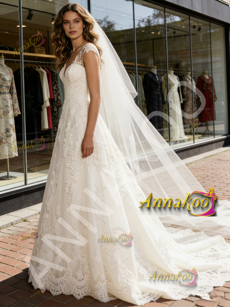 Shop 2026 ANNAKOO V Neck Lace A Line Sleeveless Sweep Train Wedding Dress Under 259