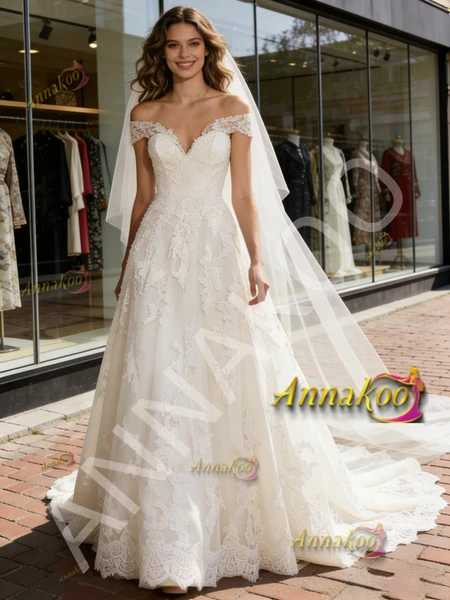 Shop 2026 ANNAKOO V Neck Lace A Line Sleeveless Sweep Train Wedding Dress Under 259