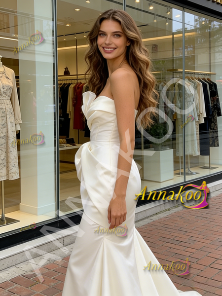 Shop 2026 ANNAKOO Satin Trumpet Mermaid Sweep Train Ruched Wedding Dress Under 249