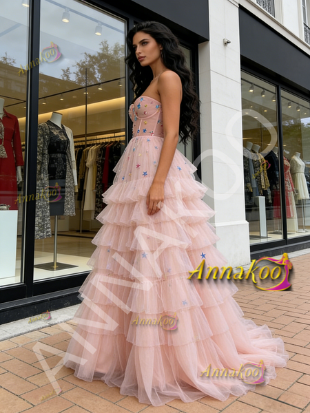 Shop 2026 ANNAKOO Pink Star Print Layers Tulle A Line Prom Dress Under 289