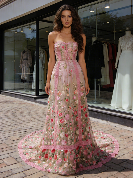 Shop 2026 ANNAKOO Pink Sweetheart Lace Print Tulle A Line Prom Dress Under 289