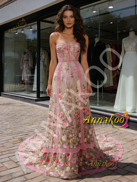 Pink Sweetheart Lace Print Tulle A Line Prom Dress