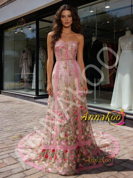 Shop 2026 ANNAKOO Pink Sweetheart Lace Print Tulle A Line Prom Dress Under 289
