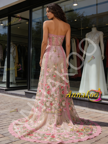 Shop 2026 ANNAKOO Pink Sweetheart Lace Print Tulle A Line Prom Dress Under 289