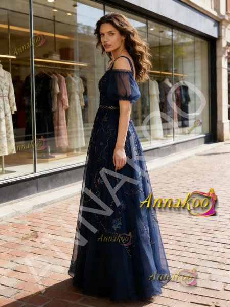 Shop 2026 ANNAKOO Navy Blue A Line Tulle Embroidery Off The Shoulder Prom Dress Under 259