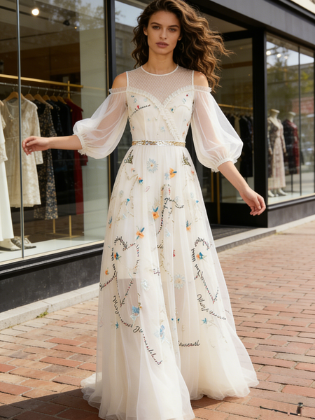 Shop 2026 ANNAKOO Puffy Sleeve A Line Scoop White Embroidery Prom Dress Under 289