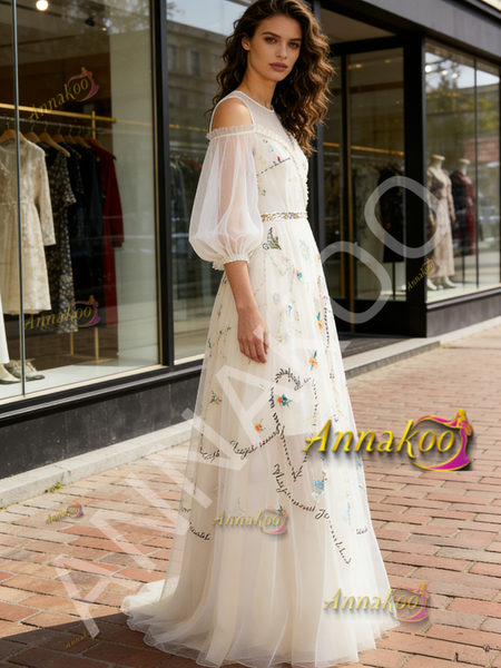 Puffy Sleeve A Line Scoop White Embroidery Prom Dress