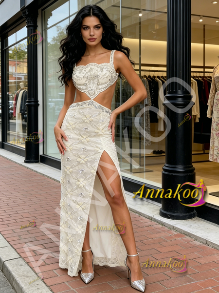 Shop 2026 ANNAKOO Straps A Line Lace Beading Champagne Cut Out Prom Dress With Slit Under 289
