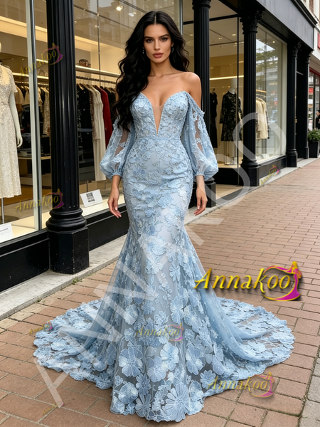 Shop 2026 ANNAKOO Light Blue Lace Long Sleeve Sweetheart Trumpet Mermaid Prom Dress Under 269
