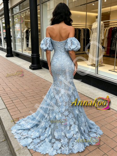 Shop 2026 ANNAKOO Blue Puffy Sleeve Mesh Trumpet Mermaid Lace Prom Dress Under 289