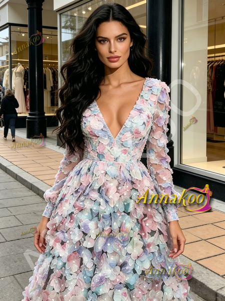 Shop 2026 ANNAKOO Long Sleeve V Neck Purple Flower A Line Prom Dress Under 289