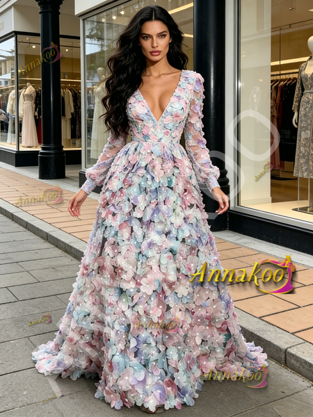 Shop 2026 ANNAKOO Long Sleeve V Neck Purple Flower A Line Prom Dress Under 289