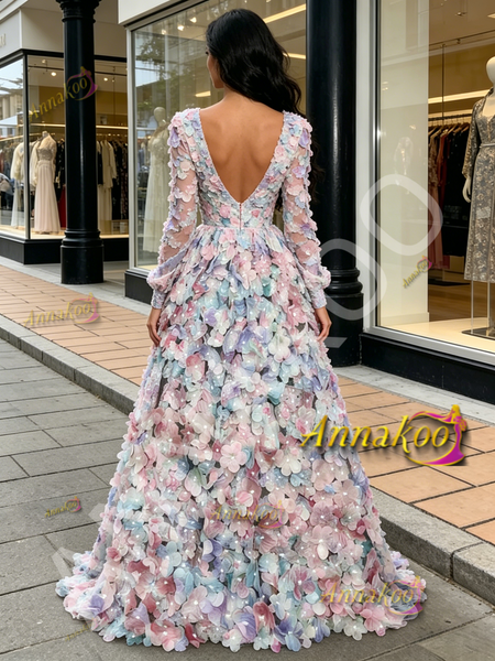 Shop 2026 ANNAKOO Long Sleeve V Neck Purple Flower A Line Prom Dress Under 289