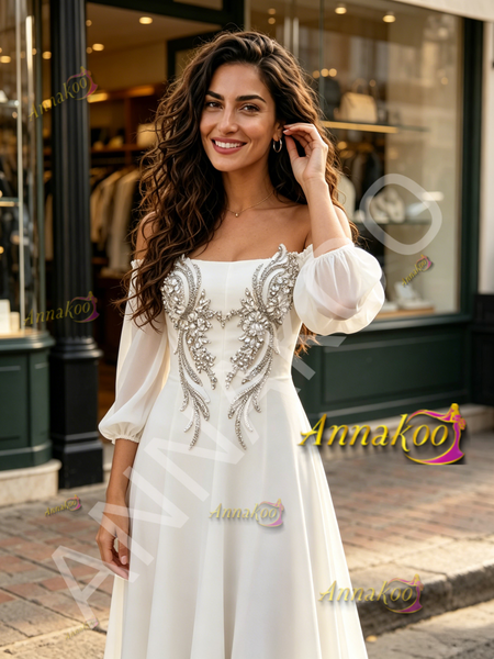 Shop 2026 ANNAKOO Off The Shoulder Champagne Long Sleeve Chiffon Beading Wedding Dress 198
