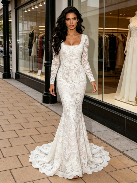 Shop 2026 ANNAKOO Lace Trumpet Mermaid White Boat Long Sleeve Wedding Dress Under 289