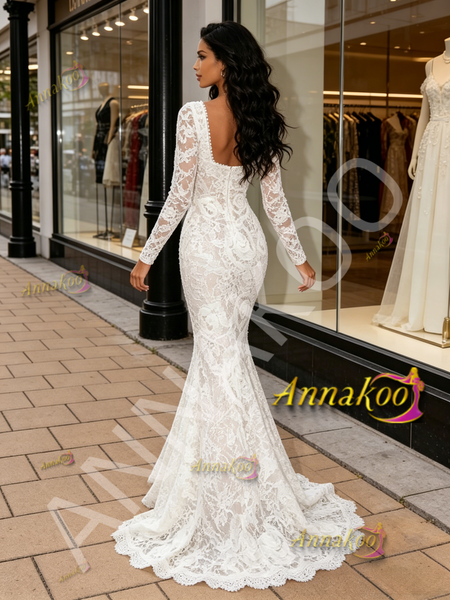 Shop 2026 ANNAKOO Lace Trumpet Mermaid White Boat Long Sleeve Wedding Dress Under 289