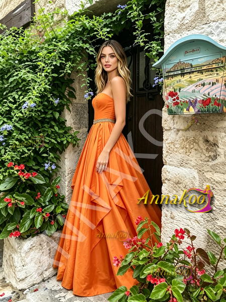 Shop 2026 ANNAKOO Orange Strapless Satin Ruffles Beading A Line Prom Dress Under 189