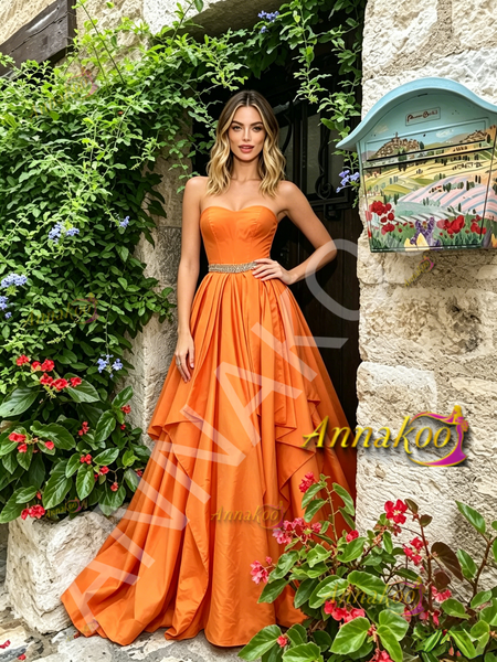 Shop 2026 ANNAKOO Orange Strapless Satin Ruffles Beading A Line Prom Dress Under 189