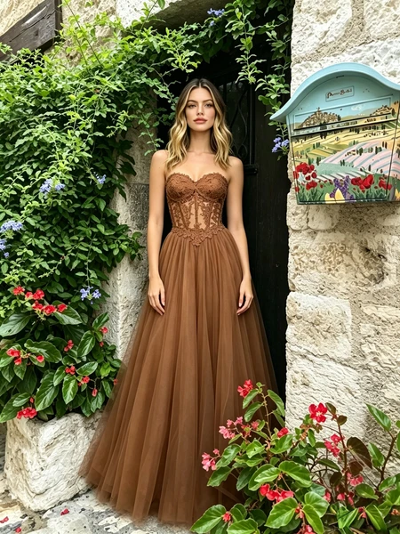 Shop 2026 ANNAKOO Brown Sweetheart Lace A Line Tulle Prom Dress Under 169
