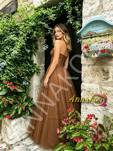 Shop 2026 ANNAKOO Brown Sweetheart Lace A Line Tulle Prom Dress Under 169