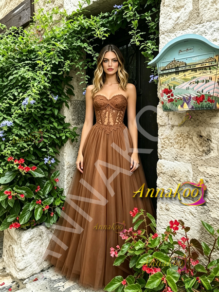 Shop 2026 ANNAKOO Brown Sweetheart Lace A Line Tulle Prom Dress Under 169