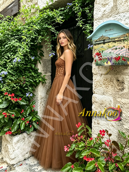 Shop 2026 ANNAKOO Brown Sweetheart Lace A Line Tulle Prom Dress Under 169