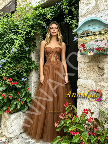 Shop 2026 ANNAKOO Brown Sweetheart Lace A Line Tulle Prom Dress Under 169