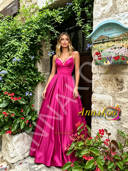 Shop 2026 ANNAKOO Fuchsia Satin A Line Spaghetti Straps Prom Dress Under 149