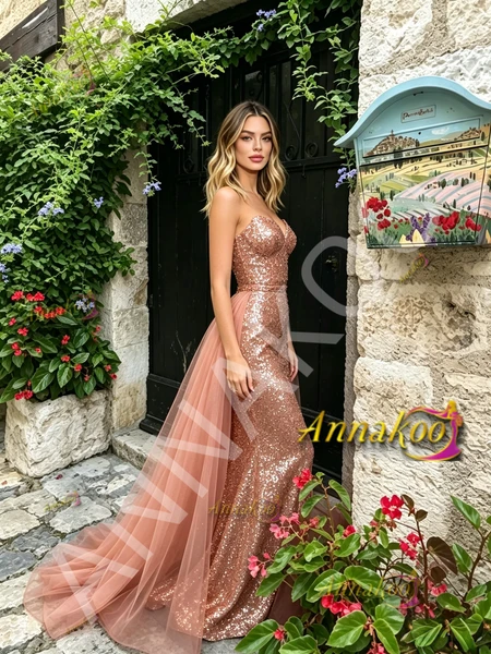 Shop 2026 ANANKOO Rose Gold Sequin Sweetheart Tulle Trumpet Mermaid Prom Dress Under 167