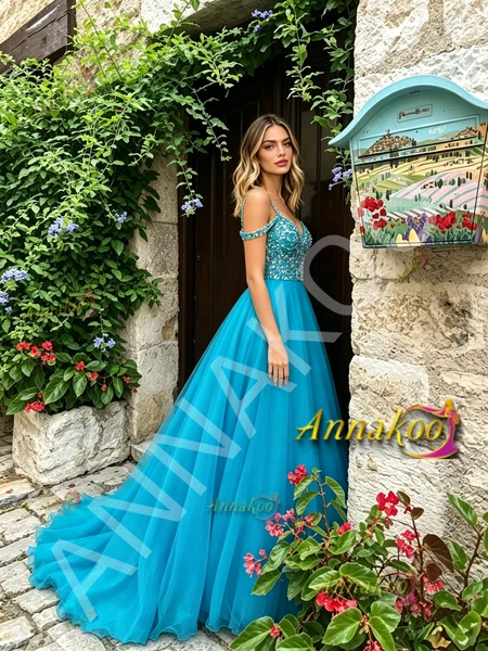 Shop 2026 ANNAKOO Cold Shoulder Spaghetti Straps Chiffon Blue Beading Prom Dress Under 189