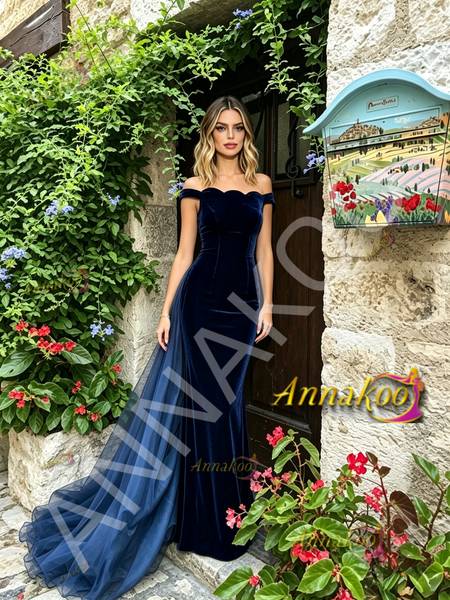 Shop 2026 ANNAKOO Royal Blue Velvet Off The Shouler Trumpet Mermaid Prom Dress Under 169
