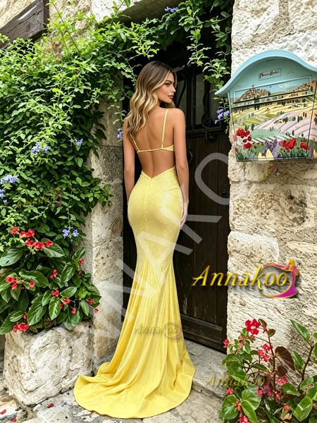Shop 2026 ANNAKOO Yellow Cut Out Trumpet Mermaid Spaghetti Straps Prom Dress Under 189
