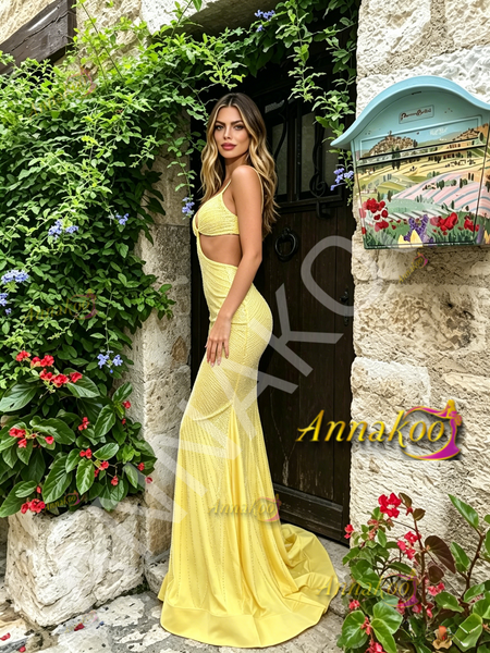 Shop 2026 ANNAKOO Yellow Cut Out Trumpet Mermaid Spaghetti Straps Prom Dress Under 189