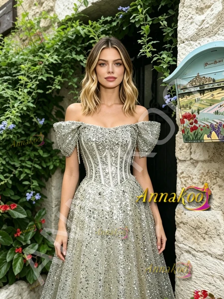Shop 2026 ANNAKOO Off The Shoulder Beading Tulle Green A Line Prom Dress Under 256