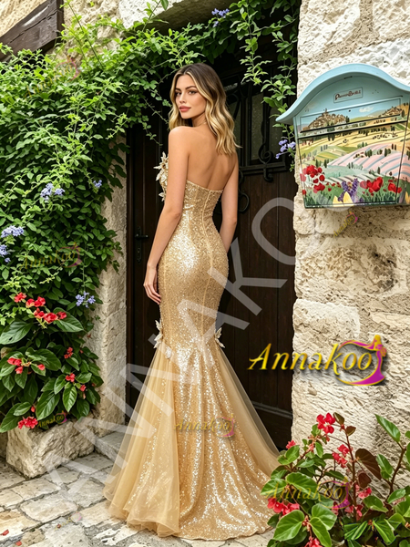 Shop 2026 ANNAKOO Sweetheart Gold Butterfly Sequin Trumpet Mermaid Prom Dress Under 189