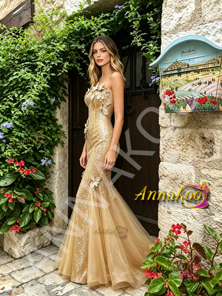 Shop 2026 ANNAKOO Sweetheart Gold Butterfly Sequin Trumpet Mermaid Prom Dress Under 189
