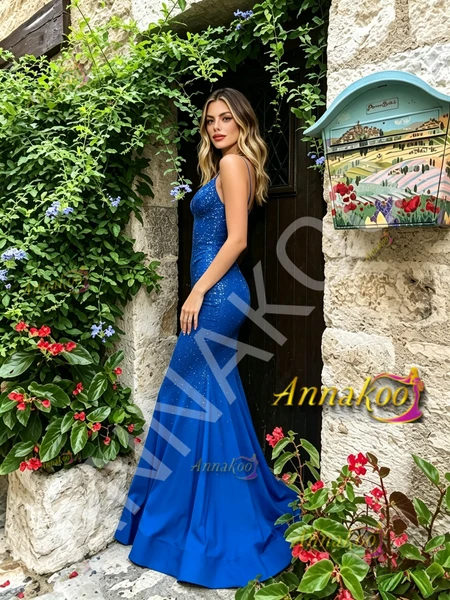 Shop 2026 ANNAKOO Royal Blue Satin Spaghetti Straps Beading Prom Dress Under 289