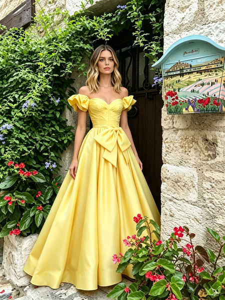 Shop 2026 ANNAKOO Yellow Off The Shoulder Satin Ruffles A Line Prom Dress Under 198