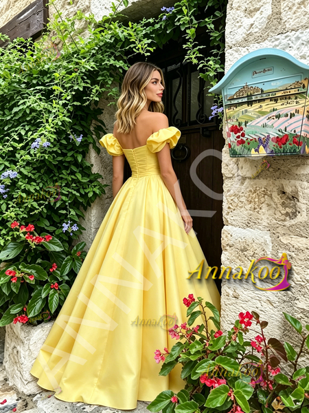 Shop 2026 ANNAKOO Yellow Off The Shoulder Satin Ruffles A Line Prom Dress Under 198
