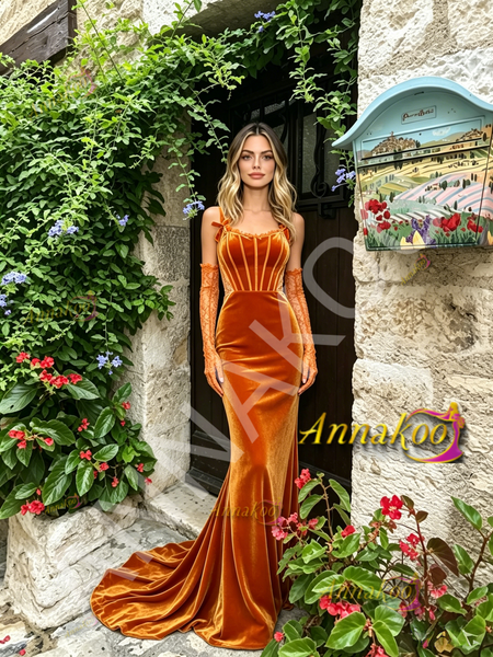 Shop 2026 ANNAKOO Spaghetti Straps Velvet Trumpet Mermaid Prom Dress With Gloves Under 198