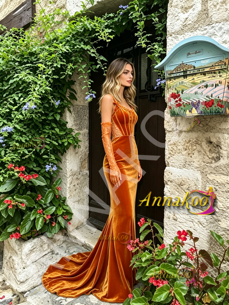 Shop 2026 ANNAKOO Spaghetti Straps Velvet Trumpet Mermaid Prom Dress With Gloves Under 198