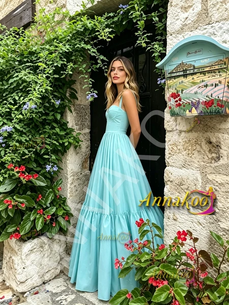 Shop 2026 ANNAKOO Blue Straps A Line Satin Ruched Prom Dress Under 179
