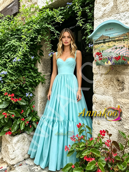 Shop 2026 ANNAKOO Blue Straps A Line Satin Ruched Prom Dress Under 179