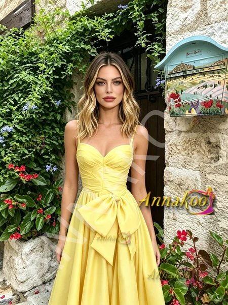 Shop 2026 ANNAKOO Spaghetti Straps Satin A Line Bow Yellow Ruched Prom Dress Under 169